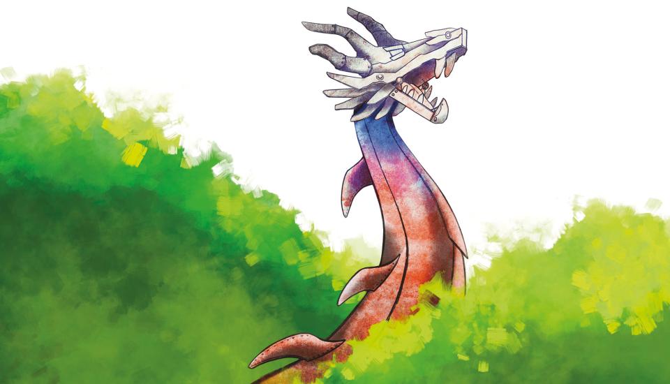 Rinaldo, opéra de plein air à l'Écomusée de la Bintinais Dragon mécanique sortant d'une forêt