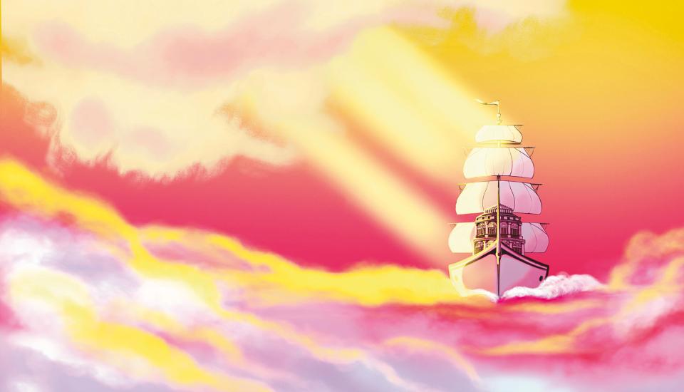 Bateau-opéra avançant dans une mer de nuages