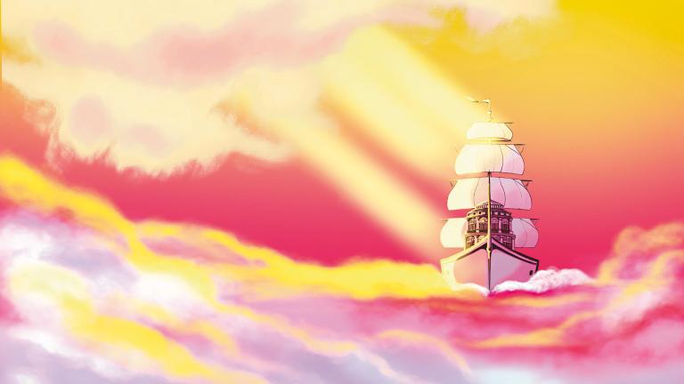 Bateau-opéra avançant dans une mer de nuages